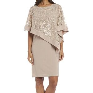 R&M Richards Women's Draped Sequin Lace Poncho Cocktail Dress - Champagne